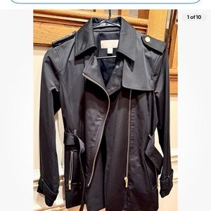 Michael Kors MK Black Belted Trench Coat Water Resistant Jacket W. Zipper Size S
